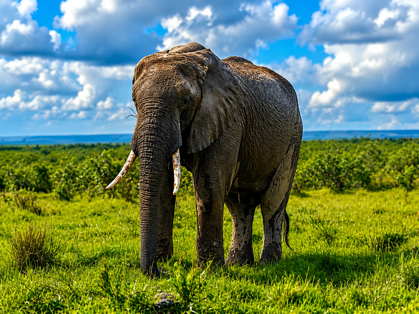 African elephant standing in a vivid green savanna
